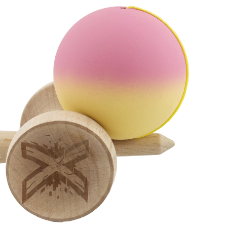 Kendama X Originala, Profesionala, Flippy, Rubber Grip, Cupe Mari KING SIZE V3, Gaura in Baza, Rulment Metalic, din lemn 18 cm, Ata 62/65 cm, Gradient Roz/Galben [7]