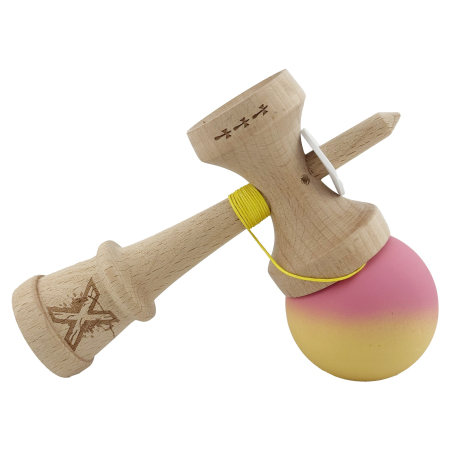 Kendama X Originala, Profesionala, Flippy, Rubber Grip, Cupe Mari KING SIZE V3, Gaura in Baza, Rulment Metalic, din lemn 18 cm, Ata 62/65 cm, Gradient Roz/Galben [9]