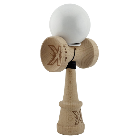 Sub 99 Lei - Kendama X Originala, Profesionala, Flippy, Rubber Grip, Cupe Mari KING SIZE V3, Gaura in Baza, Rulment Metalic, din lemn 18 cm, Ata 62/65 cm, Special Alb