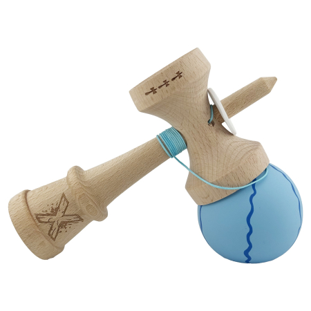 Kendama X Originala, Profesionala, Flippy, Rubber Grip, Cupe Mari KING SIZE V3, Gaura in Baza, Rulment Metalic, din lemn 18 cm, Ata 62/65 cm, Special Albastru deschis [9]