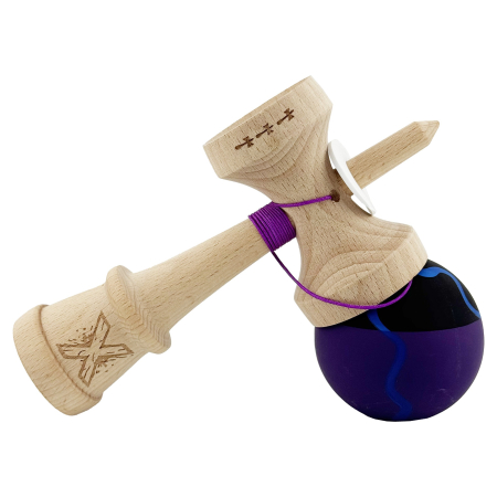 Kendama X Originala, Profesionala, Flippy, Rubber Grip, Cupe Mari KING SIZE V3, Gaura in Baza, Rulment Metalic, din lemn 18 cm, Ata 62/65 cm, Special Negru/Mov/Albastru [4]