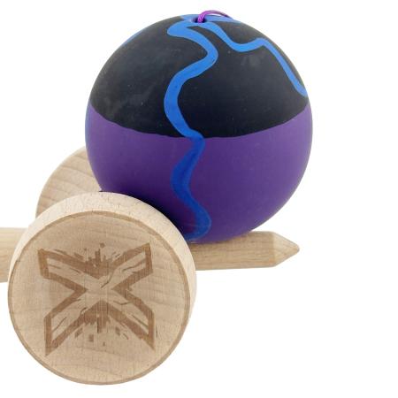 Kendama X Originala, Profesionala, Flippy, Rubber Grip, Cupe Mari KING SIZE V3, Gaura in Baza, Rulment Metalic, din lemn 18 cm, Ata 62/65 cm, Special Negru/Mov/Albastru [8]