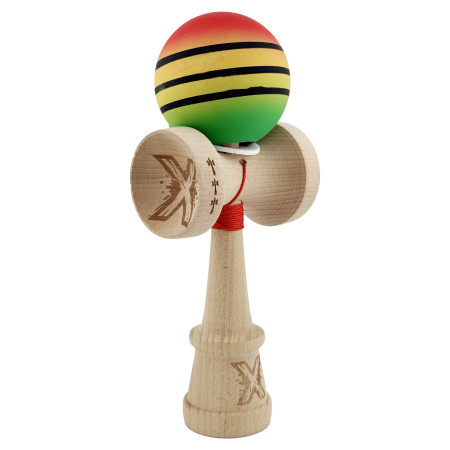 Kendama - Kendama X Originala, Profesionala, Flippy, Rubber Grip, Cupe Mari KING SIZE V3, Gaura in Baza, Rulment Metalic, din lemn 18 cm, Ata 62/65 cm, Special Rosu/Galben/Verde