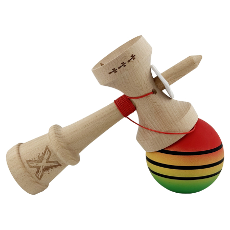 Kendama X Originala, Profesionala, Flippy, Rubber Grip, Cupe Mari KING SIZE V3, Gaura in Baza, Rulment Metalic, din lemn 18 cm, Ata 62/65 cm, Special Rosu/Galben/Verde [4]