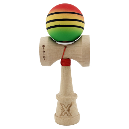 Kendama X Originala, Profesionala, Flippy, Rubber Grip, Cupe Mari KING SIZE V3, Gaura in Baza, Rulment Metalic, din lemn 18 cm, Ata 62/65 cm, Special Rosu/Galben/Verde [1]