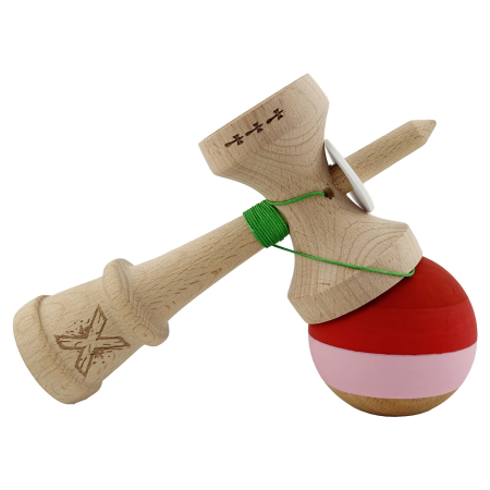 Kendama X Originala, Profesionala, Flippy, Rubber Grip, Cupe Mari KING SIZE V3, Gaura in Baza, Rulment Metalic, din lemn 18 cm, Ata 62/65 cm, Special Rosu/Roz/Maro [4]