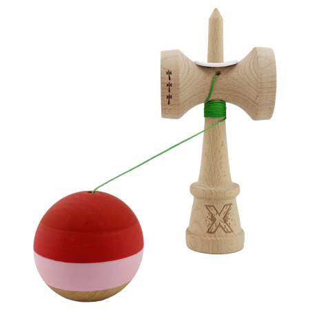 Kendama X Originala, Profesionala, Flippy, Rubber Grip, Cupe Mari KING SIZE V3, Gaura in Baza, Rulment Metalic, din lemn 18 cm, Ata 62/65 cm, Special Rosu/Roz/Maro [3]