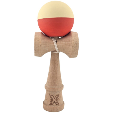 Kendama - Kendama X Originala, Profesionala, Flippy, Rubber Grip, din Lemn, 18 cm, Galben deschis/Rosu