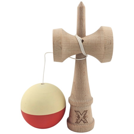 Kendama X Originala, Profesionala, Flippy, Rubber Grip, din Lemn, 18 cm, Galben deschis/Rosu [2]