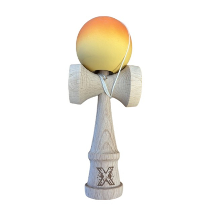 Sub 99 Lei - *LICHIDARE STOC* Kendama X Originala, Profesionala, Flippy, Rubber Grip, din Lemn, 18 cm, Portocaliu/Galben