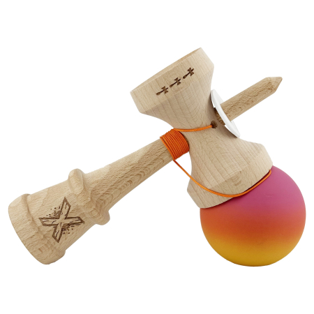 Kendama X Originala, Profesionala, Flippy, Rubber Grip, din Lemn, 18 cm, V3, Roz/Portocaliu/Galben [4]