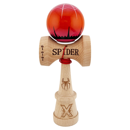 Kendama X Originala, Profesionala, Flippy, SPIDER KING, Super Sticky cu Cupe Mari KING SIZE V3, Gaura in Baza, Rulment Metalic, din lemn 18 cm, Ata 62/65 cm, Rosu/Maro [1]
