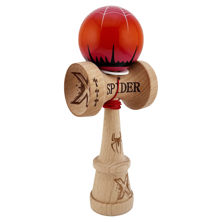 Kendama - Kendama X Originala, Profesionala, Flippy, SPIDER KING, Super Sticky cu Cupe Mari KING SIZE V3, Gaura in Baza, Rulment Metalic, din lemn 18 cm, Ata 62/65 cm, Rosu/Maro