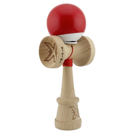 Kendama - Kendama X Originala, Profesionala, Flippy, Super Sticky cu Cupe Mari KING SIZE V3, Gaura in Baza, Rulment Metalic, din lemn 18 cm, Ata 62/65 cm, Bicolor Rosu/Alb