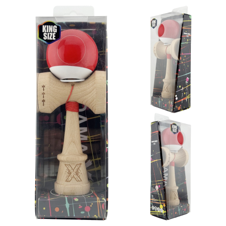 Kendama X Originala, Profesionala, Flippy, Super Sticky cu Cupe Mari KING SIZE V3, Gaura in Baza, Rulment Metalic, din lemn 18 cm, Ata 62/65 cm, Bicolor Rosu/Alb [5]