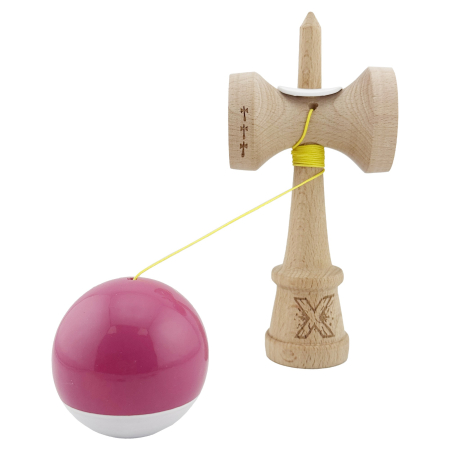 Kendama X Originala, Profesionala, Flippy, Super Sticky cu Cupe Mari KING SIZE V3, Gaura in Baza, Rulment Metalic, din lemn 18 cm, Ata 62/65 cm, Bicolor Roz inchis/Alb [3]
