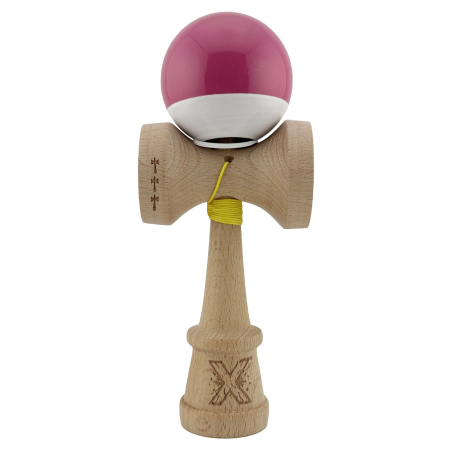 Kendama X Originala, Profesionala, Flippy, Super Sticky cu Cupe Mari KING SIZE V3, Gaura in Baza, Rulment Metalic, din lemn 18 cm, Ata 62/65 cm, Bicolor Roz inchis/Alb [1]