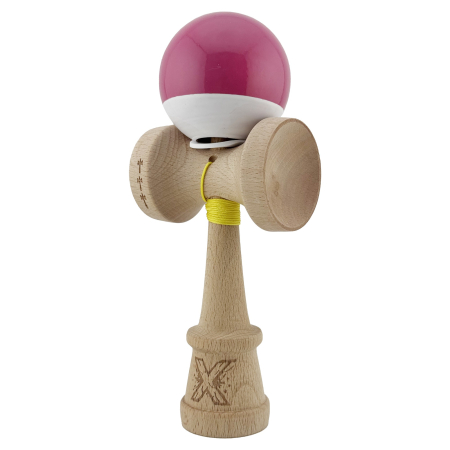Kendama X Originala, Profesionala, Flippy, Super Sticky cu Cupe Mari KING SIZE V3, Gaura in Baza, Rulment Metalic, din lemn 18 cm, Ata 62/65 cm, Bicolor Roz inchis/Alb [2]