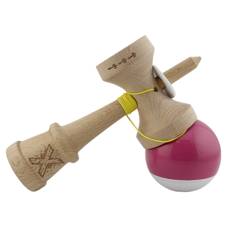 Kendama X Originala, Profesionala, Flippy, Super Sticky cu Cupe Mari KING SIZE V3, Gaura in Baza, Rulment Metalic, din lemn 18 cm, Ata 62/65 cm, Bicolor Roz inchis/Alb [4]