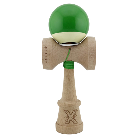 Kendama X Originala, Profesionala, Flippy, Super Sticky cu Cupe Mari KING SIZE V3, Gaura in Baza, Rulment Metalic, din lemn 18 cm, Ata 62/65 cm, Bicolor Verde/Alb [1]
