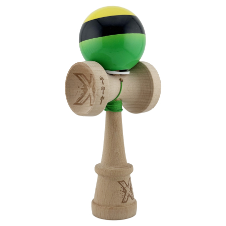Kendama - Kendama X Originala, Profesionala, Flippy, Super Sticky cu Cupe Mari KING SIZE V3, Gaura in Baza, Rulment Metalic, din lemn 18 cm, Ata 62/65 cm, Galben/Negru/Verde