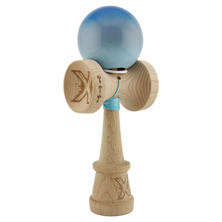 Kendama - Kendama X Originala, Profesionala, Flippy, Super Sticky cu Cupe Mari KING SIZE V3, Gaura in Baza, Rulment Metalic, din lemn 18 cm, Ata 62/65 cm, Gradient Albastru/Gri/Bleu