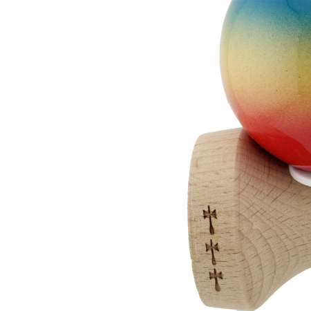 Kendama X Originala, Profesionala, Flippy, Super Sticky cu Cupe Mari KING SIZE V3, Gaura in Baza, Rulment Metalic, din lemn 18 cm, Ata 62/65 cm, Gradient Albastru/Galben/Rosu [7]