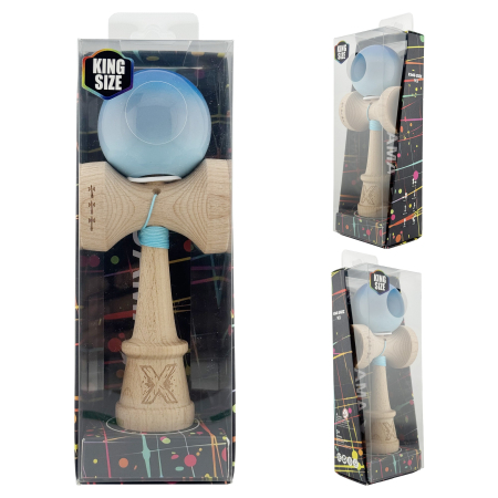Kendama X Originala, Profesionala, Flippy, Super Sticky cu Cupe Mari KING SIZE V3, Gaura in Baza, Rulment Metalic, din lemn 18 cm, Ata 62/65 cm, Gradient Albastru/Gri/Bleu [5]