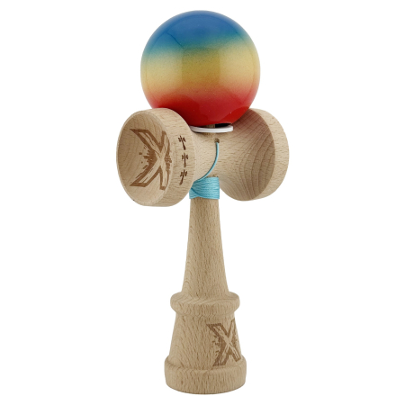 Kendama - Kendama X Originala, Profesionala, Flippy, Super Sticky cu Cupe Mari KING SIZE V3, Gaura in Baza, Rulment Metalic, din lemn 18 cm, Ata 62/65 cm, Gradient Albastru/Galben/Rosu