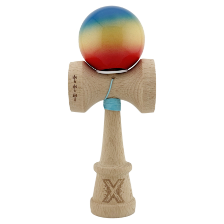 Kendama X Originala, Profesionala, Flippy, Super Sticky cu Cupe Mari KING SIZE V3, Gaura in Baza, Rulment Metalic, din lemn 18 cm, Ata 62/65 cm, Gradient Albastru/Galben/Rosu [1]