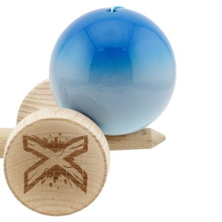 Kendama X Originala, Profesionala, Flippy, Super Sticky cu Cupe Mari KING SIZE V3, Gaura in Baza, Rulment Metalic, din lemn 18 cm, Ata 62/65 cm, Gradient Albastru/Gri/Bleu [7]
