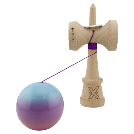 Kendama X Originala, Profesionala, Flippy, Super Sticky cu Cupe Mari KING SIZE V3, Gaura in Baza, Rulment Metalic, din lemn 18 cm, Ata 62/65 cm, Gradient Albastru/Mov/Roz [3]