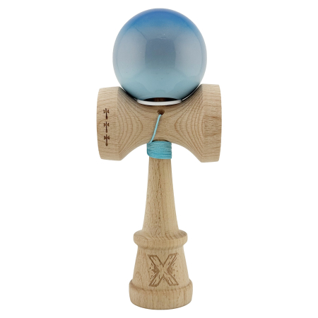 Kendama X Originala, Profesionala, Flippy, Super Sticky cu Cupe Mari KING SIZE V3, Gaura in Baza, Rulment Metalic, din lemn 18 cm, Ata 62/65 cm, Gradient Albastru/Gri/Bleu [1]