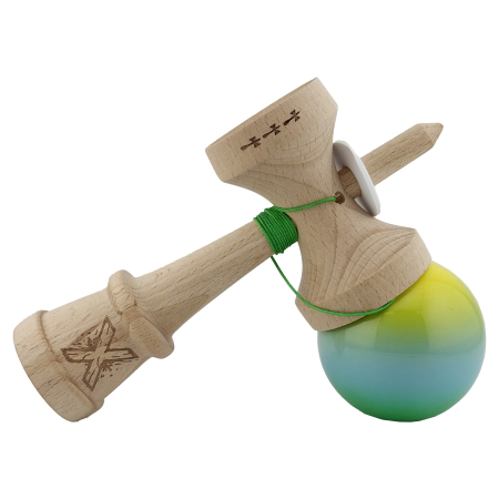 Kendama X Originala, Profesionala, Flippy, Super Sticky cu Cupe Mari KING SIZE V3, Gaura in Baza, Rulment Metalic, din lemn 18 cm, Ata 62/65 cm, Gradient Galben/Albastru/Verde [4]