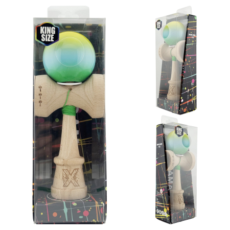 Kendama X Originala, Profesionala, Flippy, Super Sticky cu Cupe Mari KING SIZE V3, Gaura in Baza, Rulment Metalic, din lemn 18 cm, Ata 62/65 cm, Gradient Galben/Albastru/Verde [5]