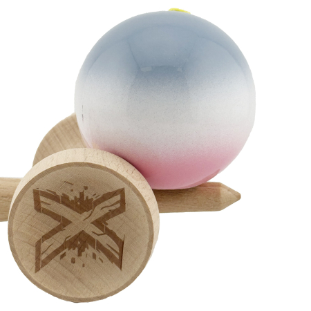 Kendama X Originala, Profesionala, Flippy, Super Sticky cu Cupe Mari KING SIZE V3, Gaura in Baza, Rulment Metalic, din lemn 18 cm, Ata 62/65 cm, Gradient Gri/Alb/Roz [8]