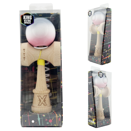 Kendama X Originala, Profesionala, Flippy, Super Sticky cu Cupe Mari KING SIZE V3, Gaura in Baza, Rulment Metalic, din lemn 18 cm, Ata 62/65 cm, Gradient Gri/Alb/Roz [5]