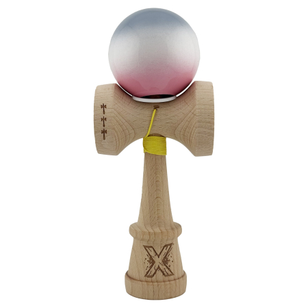 Kendama X Originala, Profesionala, Flippy, Super Sticky cu Cupe Mari KING SIZE V3, Gaura in Baza, Rulment Metalic, din lemn 18 cm, Ata 62/65 cm, Gradient Gri/Alb/Roz [1]
