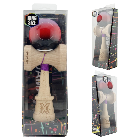 Kendama X Originala, Profesionala, Flippy, Super Sticky cu Cupe Mari KING SIZE V3, Gaura in Baza, Rulment Metalic, din lemn 18 cm, Ata 62/65 cm, Gradient Mov/Rosu/Negru [5]