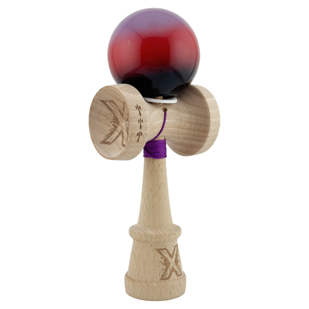 Kendama - Kendama X Originala, Profesionala, Flippy, Super Sticky cu Cupe Mari KING SIZE V3, Gaura in Baza, Rulment Metalic, din lemn 18 cm, Ata 62/65 cm, Gradient Mov/Rosu/Negru