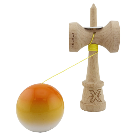 Kendama X Originala, Profesionala, Flippy, Super Sticky cu Cupe Mari KING SIZE V3, Gaura in Baza, Rulment Metalic, din lemn 18 cm, Ata 62/65 cm, Gradient Portocaliu/Galben/Alb [3]