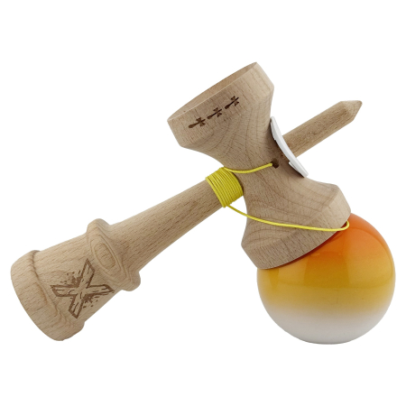 Kendama X Originala, Profesionala, Flippy, Super Sticky cu Cupe Mari KING SIZE V3, Gaura in Baza, Rulment Metalic, din lemn 18 cm, Ata 62/65 cm, Gradient Portocaliu/Galben/Alb [4]
