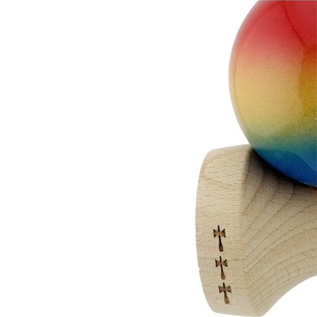 Kendama X Originala, Profesionala, Flippy, Super Sticky cu Cupe Mari KING SIZE V3, Gaura in Baza, Rulment Metalic, din lemn 18 cm, Ata 62/65 cm, Gradient Rosu/Galben/Albastru [7]