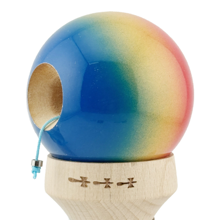 Kendama X Originala, Profesionala, Flippy, Super Sticky cu Cupe Mari KING SIZE V3, Gaura in Baza, Rulment Metalic, din lemn 18 cm, Ata 62/65 cm, Gradient Rosu/Galben/Albastru [6]