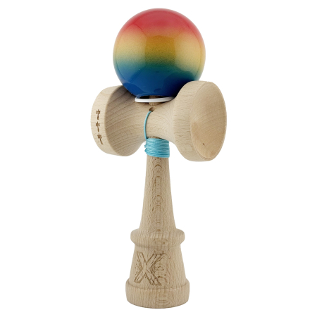 Kendama X Originala, Profesionala, Flippy, Super Sticky cu Cupe Mari KING SIZE V3, Gaura in Baza, Rulment Metalic, din lemn 18 cm, Ata 62/65 cm, Gradient Rosu/Galben/Albastru [2]