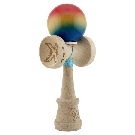 Kendama - Kendama X Originala, Profesionala, Flippy, Super Sticky cu Cupe Mari KING SIZE V3, Gaura in Baza, Rulment Metalic, din lemn 18 cm, Ata 62/65 cm, Gradient Rosu/Galben/Albastru