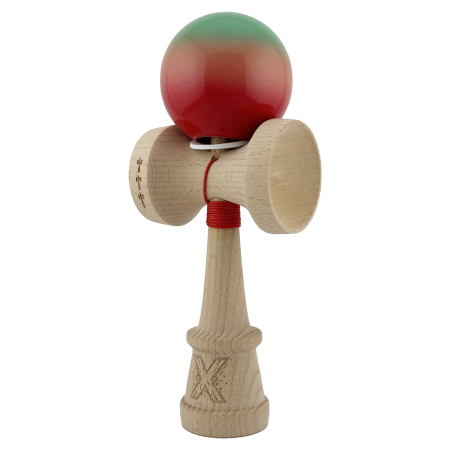 Kendama X Originala, Profesionala, Flippy, Super Sticky cu Cupe Mari KING SIZE V3, Gaura in Baza, Rulment Metalic, din lemn 18 cm, Ata 62/65 cm, Gradient Verde/Portocaliu/Rosu [2]