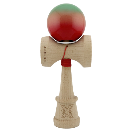 Kendama X Originala, Profesionala, Flippy, Super Sticky cu Cupe Mari KING SIZE V3, Gaura in Baza, Rulment Metalic, din lemn 18 cm, Ata 62/65 cm, Gradient Verde/Portocaliu/Rosu [1]