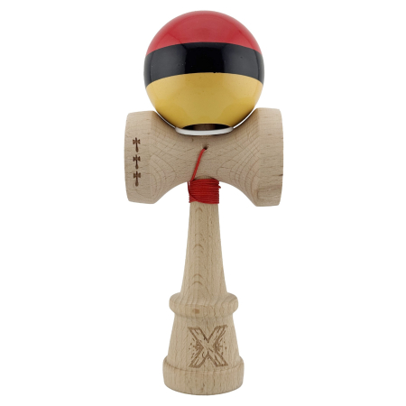 Kendama X Originala, Profesionala, Flippy, Super Sticky cu Cupe Mari KING SIZE V3, Gaura in Baza, Rulment Metalic, din lemn 18 cm, Ata 62/65 cm, Rosu/Negru/Galben  [1]