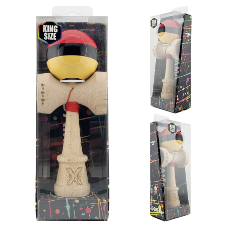 Kendama X Originala, Profesionala, Flippy, Super Sticky cu Cupe Mari KING SIZE V3, Gaura in Baza, Rulment Metalic, din lemn 18 cm, Ata 62/65 cm, Rosu/Negru/Galben  [5]
